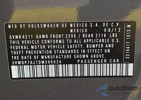 2013 Volkswagen Jetta 2.5L Se z USA, uszkodzony, nr VIN 3VWDP7AJ7DM366924